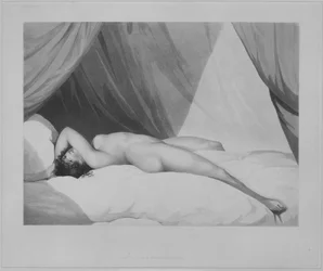 Nakenstudie liggande på en säng med draperier [Emma Hamilton], 1 november 1797