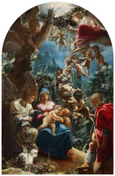 Italienska: sacra famiglia con san giovannino e un angelo Den heliga familjen med barnet Johannes Döparen och änglar
