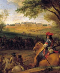 Ankomst av kung Ludvig XIV (1638-1715) föregår livvakterna med tanke på det gamla slottet i Versailles 1669 Målning av Adam Franz Van der Meulen (1632-1690) Runt 1669 sön. 0,56x0,56 m