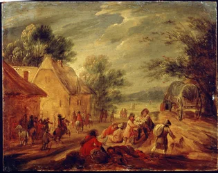 Ryttare attackerar en by. Målning av Adam Frans van der Meulen (1632-1690). Olja på trä. Flamländsk konst, barockstil. Pushkin Museum of Fine Arts, Moskva.