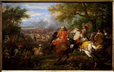 Besegrade den spanska armén nära Brygge-kanalen den 31 augusti 1667. Kungen av Frankrike Ludvig XIV, på en vit häst, är omgiven av sina generaler: Francois de Crequy (1629-1687) och prins Ludvig II av Bourbon-Conde (Bourbon Conde) ) kallad Grand Conde (16