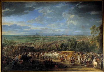 Mellan kung Ludvig XIV och drottning Marie Therese 30 juli 1667 i Arras”” Målning av Adam Van Der Meulen (1632-1690) 1600-talets sön. 2,32 x 3,31 m
