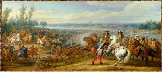 Holland War: "" passagen av Rhen den 12/06/1672"" Arméerna av kung Ludvig XIV (1638-1715) och Ludvig II av Bourbon, Prince of Conde (Bourbon-Conde) (Grand Conde) (1621- 1686) passerar Rhen till Tolhuis. Målning av Adam Frans van der Meulen (1632-1690)