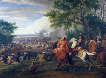 Kung Ludvig XIV vid nederlag för den spanska armén nära Brygge-kanalen 1667, målning av Van der Meulen (1632-1690), Frankrike och Belgien