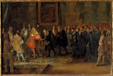 Kung Ludvig XIV tar emot schweiziska ambassadörer vid Louvren 1663-11-11 Målning av Adam Van der Meulen (1632-1690) 1664 Sön. 0,44x0,66 m
