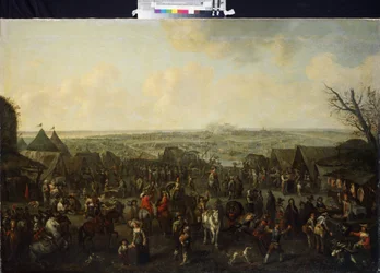 ""The siege of a town" (The siege of a town) Scen för det dagliga livet i en belägrad stad. Målning av Adam Frans van der Meulen (1632-1690) 1600-talets Eremitagemuseum Sankt Petersburg