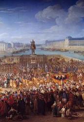 Kunglig vagn. Central detalj av Ludvig XIV (1638-1715) som korsar Pont Neuf i sin vagn. Målning av Adam Francois Van Der Meulen (1632-1690)