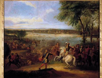 The Passage of the Rhen av Ludvig XIV (1638-1715) före Tolhuis 1672-07-12 Målning av Adam Frans Van der Meulen (1632-1690) Sön. 0,6x0,7 m