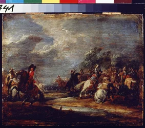 En strid. En strid. Målning av Adam Frans van der Meulen (1632-1690), cirka 1660. Olja på trä. Flamländsk konst, barockstil. Pushkin Museum of Fine Arts, Moskva