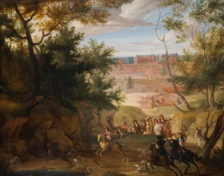 Utsikt över Versailles med Ludvig XIV och jägare, 1700.
