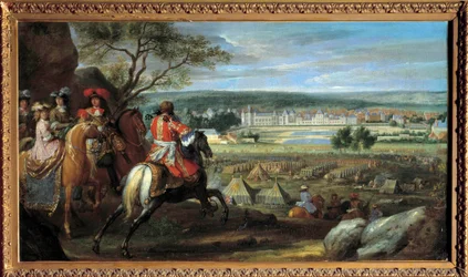 Utsikt över slottet Fontainebleau 1669, med Ludvig XIV (1638-1715) och Marie Therese av Österrike (1638-1683) Målning av Adam Frans van der Meulen (1632-1690) 1669 Sön. 0,53x0,95 m.