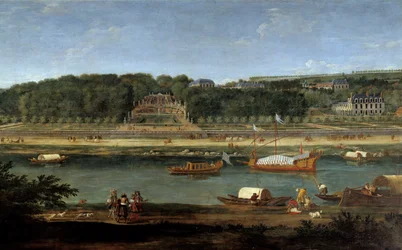 Utsikt över slottet Saint Cloud med det kungliga galleriet på Seine Målning av Adam Van der Meulen (1632-1660)