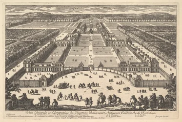 Allmän bild i perspektiv av Château Bassecourt, Anticours, trädgårdar, etc. av Ric..., 1600-talet.