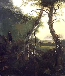 Ett italienskt skogslandskap med figurer och boskap (olja på panel)