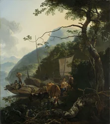 Båtmän förtöjda vid stranden av en italiensk sjö, 1650-70