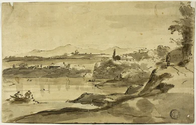 Landskap med fiskare i sjö
