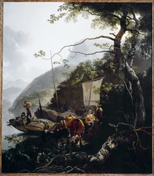 Segelbåt förtöjd på stranden vid en sjö, ca 1660