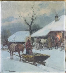Slädar framför ett hus, 1930