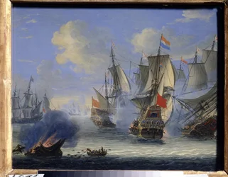 Sjöstrid (Ett sjöslag). Målning av Adam Silo (1674-1757). Olja på duk, 25 x 33,5 cm. Holländsk konst, barockkonst. Statens konstmuseum, Tula (eller Tolan).