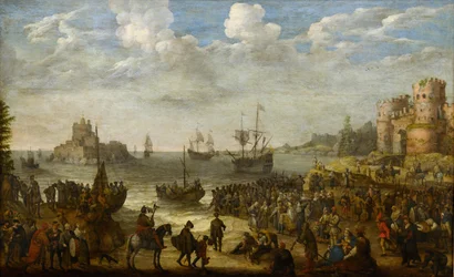 Kristus predikar från ett skepp på Galileiska sjön (Lac de Tiberiade) - av Willaerts, Adam (1577-1664). Olja på duk