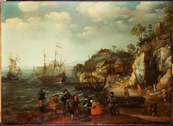 Kustscen med fiskare och jägare på stranden, 1626