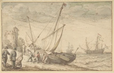 Fiskare som drar sin båt på stranden, n.d.