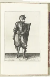 Övningen med målet och griparen: soldaten för målet från ryggen över vänster axel (nr 2), 1618 Nassausche Wapen-Handelinge, van Schilt, Spies, Rappier and the Targe: beyde figuerlick avbildad, och inramad efter den nya ordningen [av] (...