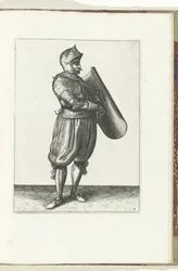 Övningen med tavlan och griparen: soldaten håller tavlan något framåt för att rita griparen (nr 4), 1618 Nassausche Wapen-Handelinge, van Schilt, Spies, Rappier and the Targe: beyde figuerlick avbildad och inramad efter den nya ordningen