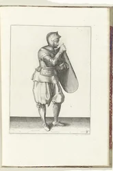 Övningen med målet och griparen: soldaten håller i målet med höger hand och tar tag i bältet (nr 3) med vänster hand, 1618 Nassausche Wapen-Handelinge, van Schilt, Spies, Rappier ende Targe: avbildad av figuren och uppsättningen efter