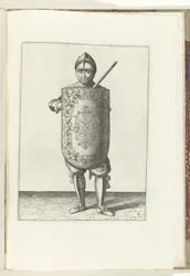 Borrmaskinen med måltavlan och griparen: soldaten håller målet framför bröstet och den dragna griparen mot vänster axel (nr 6), 1618 Nassausche Wapen-Handelinge, van Schilt, Spies, Rappier and the Targe: beyde figuerlick avbildad, slut inramad efter