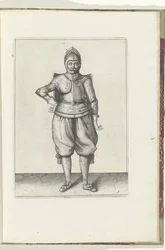 Drillen med målet och griparen: soldaten i vila med målet på ryggen (nr 1), 1618 Nassausche Wapen-Handelinge, van Schilt, Spies, Rappier and the Targe: beyde figuerlick avbildad, och den inramade efter den nya ordningen [av] (...) Maurits van Nassa