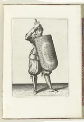 Drillen med målet och griparen: hur soldaten ska stänga visiret på sin hjälm med målet och den dragna griparen i hand (nr 7), 1618 Nassausche Wapen-Handelinge, van Schilt, Spies, Rappier and the Targe: beyde figuerlick avbildad, och