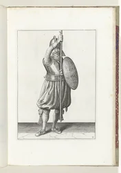 Övningen med sköld och spjut: soldaten återför spjutet till viloläge i tre gånger, andra sats (nr 11), 1618 Nassausche Wapen-Handelinge, van Schilt, Spies, Rappier and the Targe: beyde figuerlick avbildad, och inramningen efter