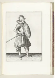 Sköld- och spikövningen: Soldaten flyttar spiken till dragposition på två gånger, andra rörelsen (nr 14), 1618 Nassausche Wapen-Handelinge, van Schilt, Spies, Rappier and the Targe: beyde figuerlick avbildad, slut inramad efter den nya