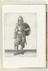 Sköld- och spikövningen: Soldaten återför skölden till baksidan med sin vänstra arm (nr 26), 1618 De Nassausche Wapen-Handelinge, van Schilt, Spies, Rappier and the Targe: beyde figuerlick avbildad, slut inramad efter den nya ordningen [av] (..