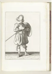 Sköld- och spikövningen: Soldaten håller spik och sköld nära kroppen (nr 15), 1618 Nassausche Wapen-Handelinge, van Schilt, Spies, Rappier and the Targe: beyde figuerlick avbildad, och den inramade efter den nya ordningen [av] (...) Maurit