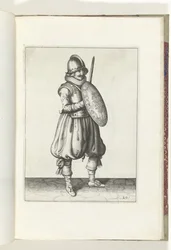 Sköld- och spikövningen: Soldaten i uppmärksamhet med sin gripare och sköld framför bröstet (nr 20), 1618 De Nassausche Wapen-Handelinge, van Schilt, Spies, Rappier and the Targe: beyde figuerlick avbildad, ende inramad efter den nya ordningen [av] (.