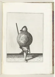 Sköld- och spikövningen: Soldaten i försvarsposition med en fot framför och hans gripare och sköld på knäet framför kroppen, sett framifrån (nr 22), 1618 Nassausche Weapons Act, av Schilt, Spies, Rappier och Targ