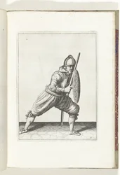 Övningen med sköld och spjut: Soldaten i försvarsställning med en fot framåt och med sin gripare och sköld på knäet framför kroppen (nr 21), 1618 The Nassausche Wapen-Handelingen, van Schilt, Spies, Rappier ende Targe : beyde figuerli