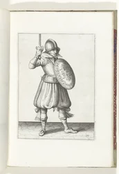 Sköld- och spikövningen: Soldaten presenterar sin rapier för hand inte högre än sitt ansikte (nr 19), 1618 Nassausche Wapen-Handelinge, van Schilt, Spies, Rappier and the Targe: beyde figuerlick avbildad och inramad efter den nya ordningen