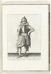 Sköld- och spetsövningen: Soldaten som står i vila med skölden på ryggen (nr 27), 1618 Nassausche Wapen-Handelinge, van Schilt, Spies, Rappier and the Targe: beyde figuerlick avbildad, och den inramade efter den nya ordningen [av] (...) Maurits v