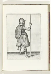 Sköld- och spikövningen: Soldaten som står med spiken vilande på marken bredvid höger fot (nr 30), 1618 Nassausche Wapen-Handelinge, van Schilt, Spies, Rappier and the Targe: beyde figuerlick avbildad och inramad efter den nya ordningen