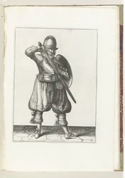 Sköld- och spikövningen: Soldaten täcker sin rapier (nr 24), 1618 Nassausche Wapen-Handelinge, van Schilt, Spies, Rappier and the Targe: beyde figuerlick avbildad, och den inramade efter den nya ordningen [av] (...) Maurits van