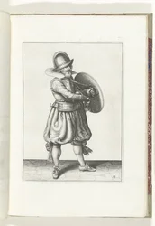 Övningen med sköld och spjut: Soldaten drar sin rapier bakom sin sköld (nr 18), 1618 Nassausche Wapen-Handelinge, van Schilt, Spies, Rappier ende Targe : avbildad av figuren och poserad efter den nya ordningen [av] (...) Maurits v