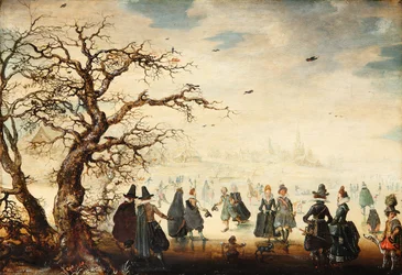 Tyska: Wintervergnügen Vinterlandskap med eleganta figurer som åker skridskor