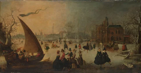 Landskap med frusen kanal, skridskoåkare och en isbåt