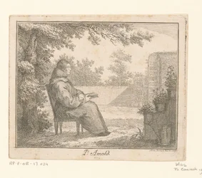 Porträtt av Arnoldus a Sancta Clara med en bok i en trädgård P. Arnold (titel på objekt)
