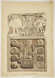 En stenrelief från Mexico City som överst visar två figurer av krigare vända mot ett centralt dekorerat "bord" (akvarell)