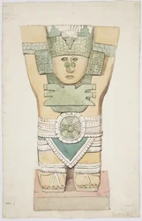 Caryatid III, yttre kammare, Jaguarernas övre tempel (tempel A), Chichen Itza, Mexiko (akvarell)