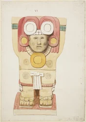 Caryatid från den yttre kammaren, Temple A, bollplan, Chichen Itza, Mexiko (akvarell)